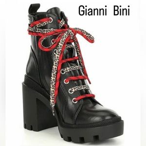 Gianni Bini Ryedderr Leopard Block Heeled Combat
Boots Black Lace Up Size 8.5M